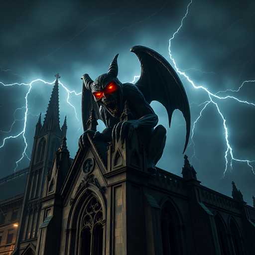 The image depicts a Gothic-style church with a large, darkly colored statue of a creature perched atop the steeple. The sky is filled with lightning bolts and the church's windows reflect the light from the bolts.