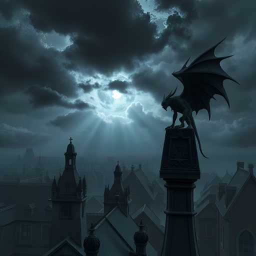 The image depicts a dark, gothic cityscape under a stormy sky, with a large, ominous moon partially obscured by clouds. The scene is predominantly rendered in shades of black, gray, and dark blue, creating a somber and eerie atmosphere. In the foreground, a tall, ornate pillar with intricate carvings and a cross at its peak stands prominently. Atop this pillar, a menacing black gargoyle with large wings, a long tail, and horns looms over the city. The background reveals a dense array of buildings, including church steeples and spires, their rooftops visible amidst the fog and clouds. The overall composition suggests a scene from a video game or a digital artwork, emphasizing the foreboding and mysterious nature of the setting.