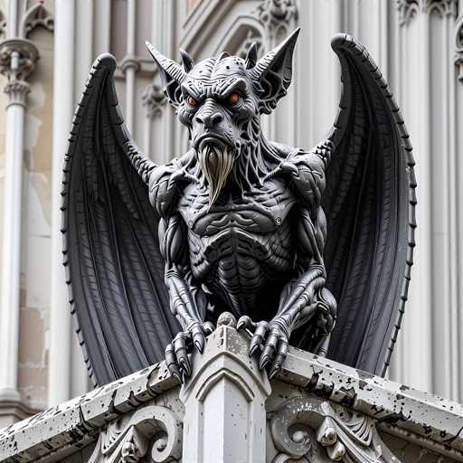 The image depicts a highly detailed, computer-generated gargoyle perched atop a building. The gargoyle, rendered in a dark gray hue, features striking red eyes that contrast sharply with its monochromatic body. Its wings are spread wide, and it has a long, flowing beard that adds to its imposing presence. The creature's hands are extended forward, gripping the edge of the building, and it has a menacing expression with furrowed brows and a frowning mouth. The gargoyle's muscular arms are prominently displayed, showcasing its strength. The background reveals the building's facade, which is adorned with intricate carvings and ornate designs, enhancing the overall grandeur of the scene.