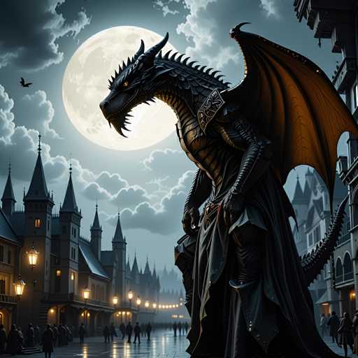 The image depicts a large dragon standing on a street at night with its wings spread wide and head turned towards the viewer. The dragon is wearing a black outfit that contrasts with the dark sky above. In the background, there are buildings with spires reaching up into the cloudy sky, suggesting an urban setting. A full moon can be seen in the top left corner of the image.