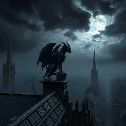 A dark, atmospheric scene of a gothic cityscape at night. A detailed black dragon statue stands on a rooftop in the foreground, its wings spread against a dramatic, cloudy sky. The city buildings are dimly lit and shrouded in mist, with distant spires reaching towards a full moon partially obscured by dark clouds. The overall mood is mysterious and slightly eerie, with the dragon statue as a focal point of the scene.