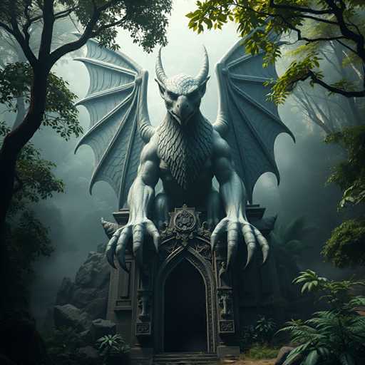 The image depicts a large stone dragon statue standing on a pedestal with its wings spread wide and claws extended. The dragon is positioned centrally within the frame, surrounded by lush greenery of trees and bushes in the background.