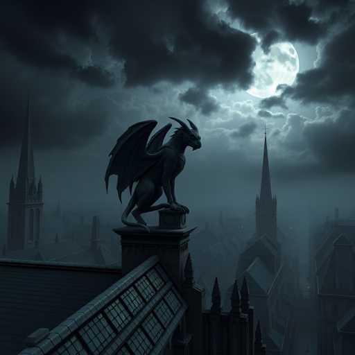 The image depicts a dark and stormy night scene with a large dragon statue perched atop the roof of an old castle-like building. The sky is filled with clouds, and the moon can be seen in the background.