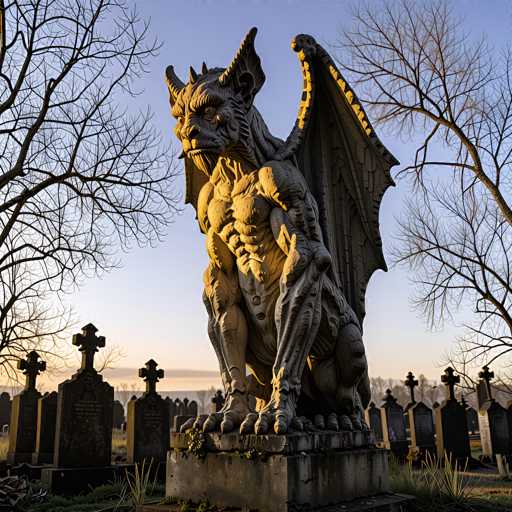 A detailed, photorealistic image of a stone gargoyle statue perched on a weathered tombstone in a cemetery at sunset. The gargoyle is depicted as a monstrous creature with a muscular, beastly body, large bat-like wings, and a snarling face. It's positioned in profile, facing towards the viewer with its head turned slightly to the side. The stone is textured and shows signs of age, with moss and lichen growing on its surface. The background features a serene cemetery landscape with numerous tombstones of varying sizes and shapes, all silhouetted against the warm hues of the setting sun. Bare trees frame the scene on either side, their branches reaching towards a pale blue sky with soft clouds. The overall lighting is dramatic, casting shadows that emphasize the gargoyle's imposing form and the quiet atmosphere of the cemetery. The image evokes a sense of mystery, solitude, and perhaps a touch of gothic beauty.