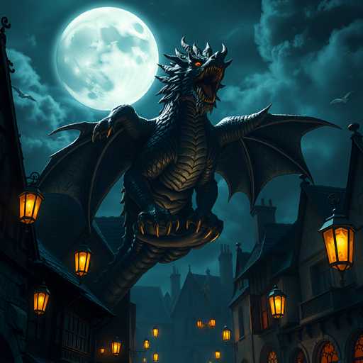 The image depicts a dark, gothic scene featuring a menacing dragon perched atop a building in a medieval European town. The dragon, with its black and gray scales, has a long, serpentine body, sharp claws, and wings spread wide. Its head is adorned with horns and spikes, and it has glowing orange eyes and an open mouth revealing sharp teeth. The dragon's tail extends down to the bottom left of the image. The town below is illuminated by numerous yellow lanterns, casting an eerie glow over the cobblestone streets and old buildings with steep roofs and chimneys. The sky is a deep blue, filled with dark clouds, and a large, full moon looms in the top left corner, adding to the ominous atmosphere.
