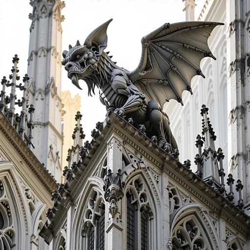 The image shows a Gothic-style building with a large dragon statue perched on the roof. The dragon is depicted as a gray and black creature with wings spread wide, facing towards the right side of the photo. The building features intricate architectural details such as pointed arches and spires, characteristic of Gothic architecture.