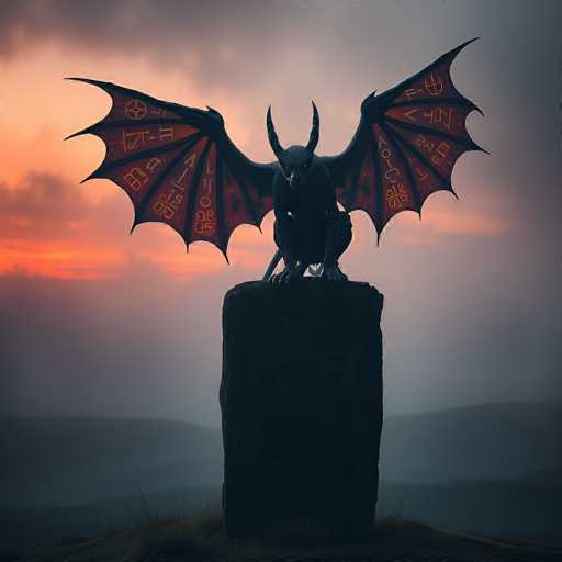 A dark, imposing statue of a dragon perched atop a weathered stone pedestal. The dragon is depicted in profile, with large, bat-like wings spread wide, revealing intricate red glyphs and symbols etched onto their surface. The statue is rendered in a dark, almost monochromatic color palette, with the red glyphs providing a stark contrast. The background is a dramatic, atmospheric sky with a vibrant orange and purple sunset on the horizon, transitioning to a muted gray in the distance. The overall lighting is low-key, casting shadows that emphasize the dragon's powerful form and the texture of the stone. The scene evokes a sense of mystery, power, and perhaps even ancient magic.