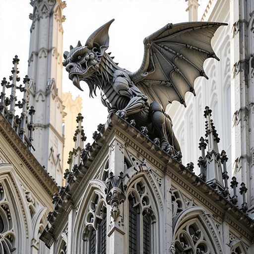 The image depicts a grand, white cathedral with intricate architectural details. The structure features numerous arches and windows, and its roof is adorned with ornate spires and crosses. Perched majestically at the pinnacle of the cathedral is a large, gray gargoyle. This mythical creature has a menacing appearance, with a long, pointed nose, a wide mouth, and a beard. Its head is adorned with spikes, and it has large, bat-like wings with visible bones. The gargoyle's eyes are dark and intense, and it has a pointed chin. Its body is covered in scales, and it has powerful, muscular legs. The gargoyle's front limbs are bent, with its claws gripping the roof, giving it a vigilant stance as it overlooks the cathedral below.