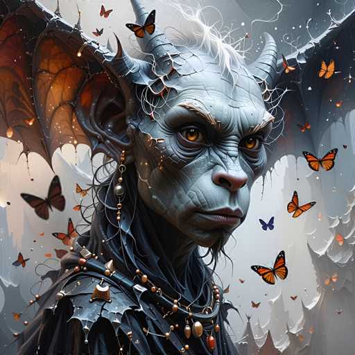 A detailed, digital painting of a fantastical creature with a humanoid body and insectoid features. The creature has a grey, textured skin, large, expressive orange eyes with dark pupils, and a wide, slightly downturned mouth. Its head is adorned with large, spiraled horns that are a mix of grey and dark brown, and delicate, white, wispy hair-like structures frame its face. 

The creature is wearing a dark, textured garment that appears to be made of overlapping scales or plates. Numerous necklaces adorn its neck, featuring a mix of metallic and organic-looking elements like beads, chains, and possibly gemstones. 

A swarm of vibrant butterflies in various shades of orange and blue are scattered around the creature, some fluttering near its face while others drift in the background. The overall style is highly detailed and painterly, with a soft, ethereal lighting that highlights the creature's features. The background is a muted grey and white, creating a sense of depth and focus on the central figure. The image has a slightly surreal and fantastical quality, suggesting a creature from a mythical or otherworldly realm.