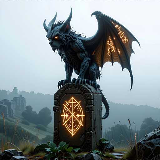 The image depicts a highly detailed, computer-generated scene of a mythical creature perched atop a large, dark gray stone structure. The creature, resembling a gargoyle or dragon, is predominantly black with striking orange eyes that glow intensely. It has two prominent horns protruding from its head, a long, serpentine tail, and expansive wings adorned with intricate, glowing yellow symbols. The creature's sharp claws grip the stone structure, which features a glowing yellow emblem at its center. Surrounding the base of the structure are patches of green grass and weeds, adding a touch of natural realism to the scene. The background reveals a misty, foggy landscape with distant mountains, enhancing the eerie and mystical atmosphere of the image.