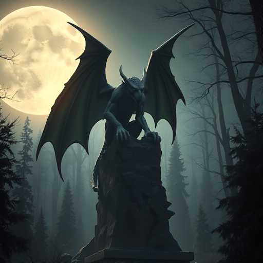 A dark, atmospheric image of a gargoyle statue perched on a stone pedestal in a misty forest under a full moon. The gargoyle is depicted with large, bat-like wings spread out and a menacing expression, its body hunched over as if guarding the stone. The forest is shrouded in a thick fog, with tall, dark pine trees visible in the background and silhouetted on the left. The full moon casts a pale, ethereal glow on the scene, highlighting the gargoyle's silhouette and creating a sense of mystery and foreboding. The overall color palette is muted, with deep blues, grays, and blacks dominating the scene, punctuated by the pale moonlight. The image evokes a sense of gothic fantasy and the supernatural, suggesting an ancient and perhaps haunted location.