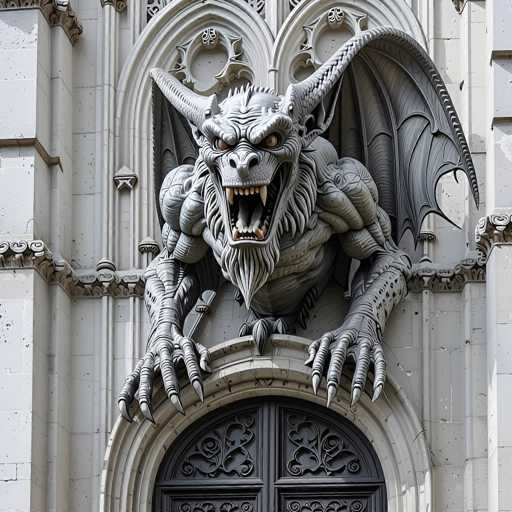 The image depicts a gargoyle perched atop a grand, arched doorway, which is part of an imposing stone building. The gargoyle, rendered in a grayish hue, has a menacing appearance with its mouth wide open, revealing sharp teeth. Its eyes are a striking orange color, adding to its fierce expression. The creature's wings are spread wide, and its hands rest on the archway, with long, pointed fingernails. The gargoyle's body is covered in numerous bumps, enhancing its grotesque and intimidating presence. The doorway beneath it is black, contrasting sharply with the stone structure. The building itself is constructed from large, white stones, and the archway features intricate carvings, adding to the overall grandeur of the scene.