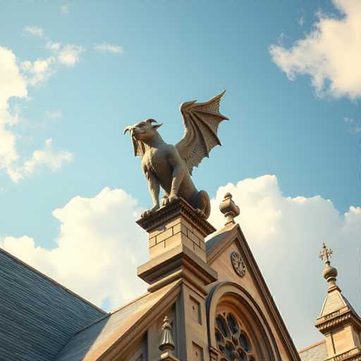 The image shows a stone statue of a dragon perched atop a building with a clock and two spires on the roof. The sky is clear blue with white clouds, creating a serene backdrop for the scene.