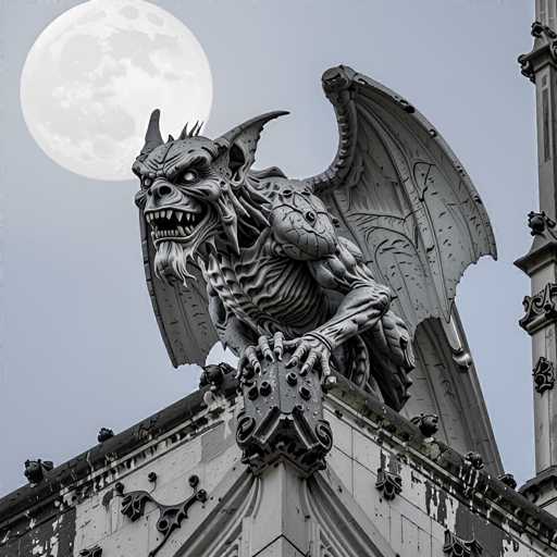 The image shows a large, dark gray stone statue of a winged creature with sharp teeth and claws perched on the roof of an old building. The creature is facing towards the right side of the image, giving it a sense of movement as if ready to take flight at any moment. In the background, there is a full moon rising over the cityscape, adding depth and contrast to the scene.