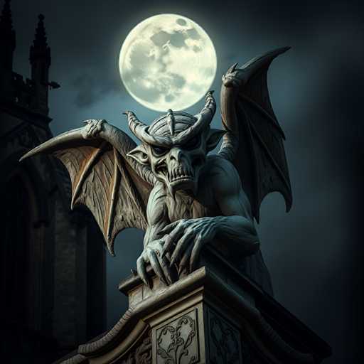 The image depicts a highly detailed, computer-generated gargoyle perched atop a stone column, likely part of a cathedral or church. The gargoyle, rendered in shades of gray, features a menacing skeletal face with large, protruding teeth and hollow eyes. Its head is adorned with two prominent horns and a third horn running down the center of its forehead. The creature's muscular arms are crossed, with its long, clawed fingers resting on the column. Its expansive wings are spread wide, adding to its imposing presence. The background showcases a dark, cloudy night sky illuminated by a full moon, casting a eerie glow over the scene. To the left, the silhouette of a church or cathedral is faintly visible, enhancing the gothic atmosphere of the image.
