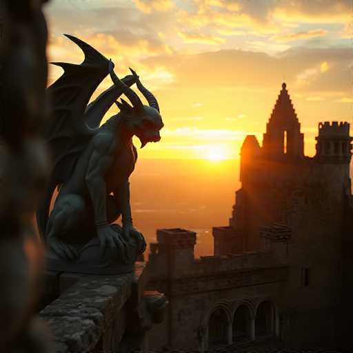 A stunning photograph captures a majestic castle silhouetted against a breathtaking sunset. The sky is ablaze with vibrant hues of orange, yellow, and red, casting a warm glow over the entire scene. The castle, constructed from gray stone, features a prominent central tower with a pointed roof, flanked by two smaller towers on either side. The structure boasts arched windows and intricate architectural details, adding to its grandeur. In the foreground, a stone ledge extends from the left side of the image, where a striking gargoyle perches. The gargoyle, with its muscular build, sharp claws, and menacing horns, appears to be in a dynamic pose, as if ready to leap. Its wings are spread wide, and its head is turned to the right, adding an element of mystery and intrigue to the scene.
