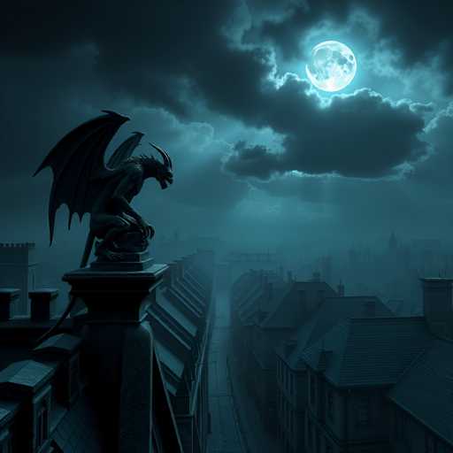 A dark, atmospheric scene of a gothic cityscape at night. A black, winged dragon statue sits atop a rooftop, gazing out over the city. The sky is filled with dark, swirling clouds illuminated by a full moon. The buildings are dimly lit, casting long shadows, and the overall color palette is cool and muted, with shades of blue and gray dominating. The scene evokes a sense of mystery and fantasy.