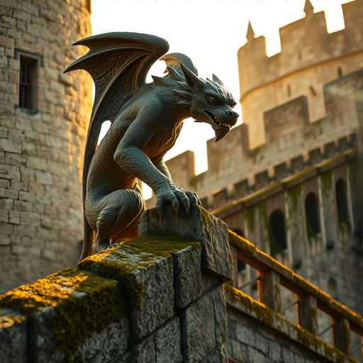 A detailed, photorealistic image of a grey stone dragon statue perched on an ancient stone wall in front of a medieval castle. The dragon is crouched, its head lowered as if peering over the wall, with sharp claws gripping the stone. Its wings are partially extended, revealing intricate details of scales and wing membranes. The castle in the background is bathed in warm sunlight, with a soft golden glow illuminating the stone and creating a sense of depth. The overall lighting is dramatic, with shadows cast on the dragon's body and the wall, highlighting the texture of the stone. The scene evokes a sense of fantasy and history, with the dragon statue as a focal point.