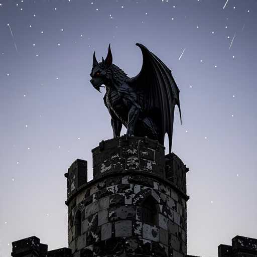 The image depicts a detailed, computer-generated scene of a castle tower set against a night sky. The tower, constructed from black and gray bricks, features a cylindrical shape with a flat top. Atop the tower stands a menacing black dragon with large, outstretched wings, sharp horns, and piercing red eyes. The dragon's body is covered in scales, and it has a long, forked tongue protruding from its mouth. The night sky behind the tower is a gradient of dark blue to light blue, dotted with numerous white stars and streaks of shooting stars, adding a mystical atmosphere to the scene. The overall composition suggests a fantastical, possibly AI-generated artwork, with the intricate details of the dragon and the starry sky enhancing the enchanting mood.