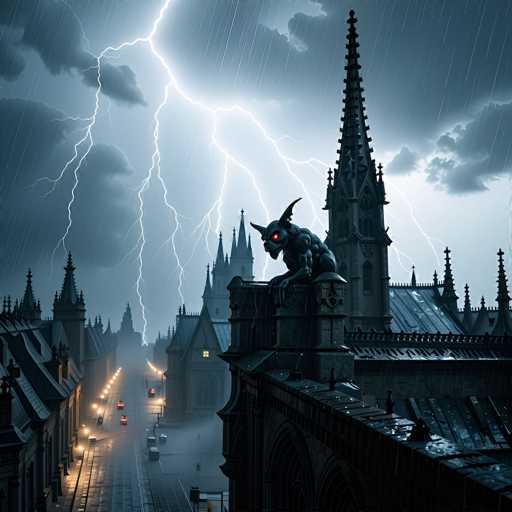 A dramatic, atmospheric scene of a gothic city street during a heavy thunderstorm. A large, dark, horned creature with glowing red eyes perches on the ornate rooftop of a gothic building, overlooking a rain-soaked street. Lightning flashes illuminate the scene with bright white streaks against a dark, stormy sky. The city buildings are tall and imposing, with intricate spires and detailed architecture. Rain streaks down the windows and rooftops, creating a sense of foreboding and mystery. The overall mood is dark, dramatic, and slightly eerie, emphasizing the power of nature and the fantastical presence of the creature.