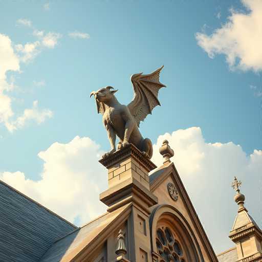 A close-up, low-angle shot of a stone gargoyle perched atop a building's roof. The gargoyle is intricately sculpted, depicting a mythical creature with wings and a detailed face. It's positioned on a stone pedestal, which in turn is part of the building's architectural structure. The sky behind the gargoyle is a bright, partly cloudy blue, with soft sunlight casting shadows on the stone. The overall lighting suggests it's daytime, possibly late afternoon or early morning, with a warm, golden hue. The focus is sharp on the gargoyle, highlighting its texture and detail, while the background sky is slightly blurred.