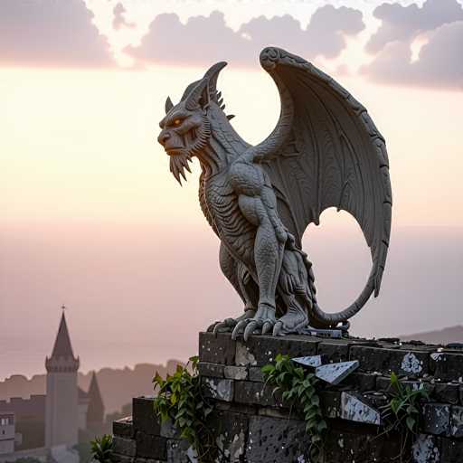 A highly detailed 3D-rendered image showcases a formidable gargoyle perched atop a weathered stone wall. The gargoyle, with its muscular build and menacing appearance, features a long, flowing beard and piercing yellow eyes that seem to glow with an inner fire. Its wings are spread wide, revealing intricate scales and feathers, while its sharp claws grip the stone surface below. The stone wall, marked by signs of age and wear, is adorned with patches of green moss and scattered gray triangles, adding to the ancient and mystical atmosphere. In the background, a majestic castle with a prominent tower stands against a sky painted in hues of pink and purple, suggesting either dawn or dusk. The scene is further enriched by the silhouettes of distant trees and a serene body of water, enhancing the overall enchanting and eerie ambiance of the image.