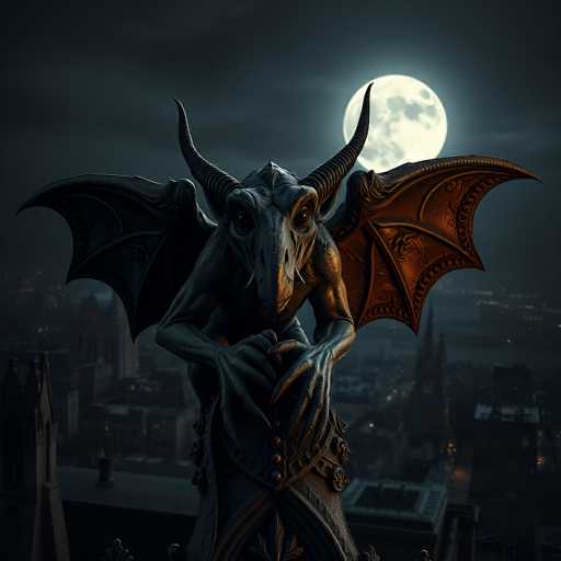 The image depicts a computer-generated, dark gray gargoyle with large, outstretched bat-like wings, perched atop a building. The gargoyle, which has a skeletal face with big eyes and prominent horns, is holding a shield in its hands. The scene is set at night, with a full moon casting a white glow behind the gargoyle, illuminating the sky and creating a stark contrast against the dark gray clouds. Below the gargoyle, the cityscape is visible with various buildings, including a church with a steeple, and the lights from the city twinkling in the background. The overall atmosphere is eerie and mysterious, with the gargoyle appearing to guard the city under the moonlit sky.
