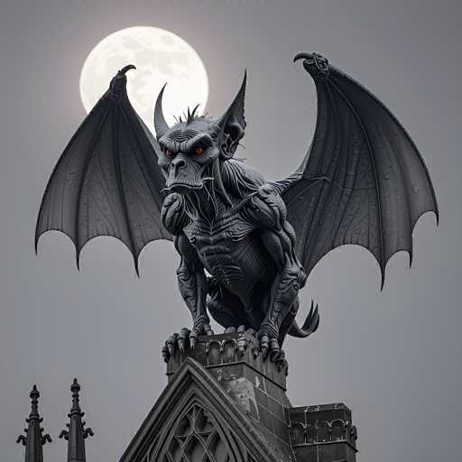 A detailed, dark fantasy illustration of a gargoyle perched on the roof of a gothic building under a full moon. The gargoyle is a menacing creature with sharp claws, bat-like wings, and glowing red eyes. It's positioned on a detailed stone roof with intricate carvings, facing the viewer with an intense gaze. The background is a muted gray, emphasizing the dark and eerie atmosphere of the scene.