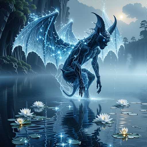 The image depicts a fantastical scene featuring a blue, demonic creature with large, translucent wings adorned with white dots. The creature, which has a muscular build, a long tail, and two prominent horns, is standing in a shallow, reflective body of water. Its glowing blue eyes and the light emanating from its body give it an ethereal appearance. Surrounding the creature are numerous lily pads with white flowers, some of which have yellow centers. The background showcases a misty landscape with rocky cliffs and trees, under a sky filled with clouds and a sun partially obscured by them. The overall color palette of the image is dominated by shades of blue, white, and gray, enhancing the mystical and otherworldly atmosphere.