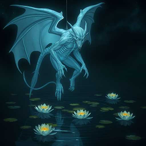 A pale blue, skeletal creature with large bat-like wings is emerging from a dark, still pond. The creature's body is detailed with visible bones and sharp claws, its head features glowing green eyes. It appears to be suspended by a thin, dark cord or vine from above, with its body partially submerged in the water. Several pale yellow water lilies float on the surface of the pond, their petals partially submerged and reflecting the creature's pale blue form. The background is a deep, dark blue, suggesting a night sky or shadowy environment. The overall lighting emphasizes the creature's ethereal and slightly menacing presence, with a soft glow emanating from its eyes.