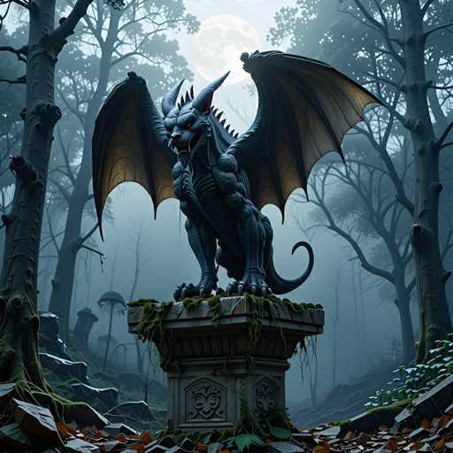 The image depicts a computer-generated, dark fantasy scene set in a dense, eerie forest. Dominating the center is a large, menacing dragon with dark gray to black scales, red eyes, and horns protruding from its head. The dragon's mouth is open, revealing sharp teeth, and it has expansive wings with brownish hues. It stands on a stone pedestal adorned with intricate carvings and moss, adding to the ancient and mystical atmosphere. The pedestal is surrounded by scattered leaves and rocks, enhancing the sense of an abandoned, overgrown area. The background features tall, leafless trees, shrouded in fog, with a full moon casting an eerie glow over the entire scene. The overall color palette is muted, with shades of gray, brown, and black, contributing to the dark and foreboding mood of the image.