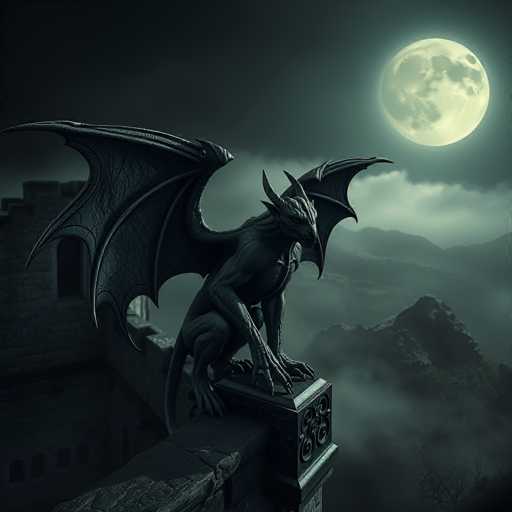 The image depicts a highly detailed, computer-generated scene of a dark gray, winged dragon perched on the edge of a stone building. The dragon, with its long tail and sharp claws, is positioned on a square-shaped stone column that features intricate carvings. Its wings are spread wide, and it has a menacing appearance with horns on its head and a long nose. The dragon gazes towards the right side of the image, where a large, glowing full moon illuminates the night sky. The sky itself is a mix of dark gray and black, with clouds adding to the eerie atmosphere. In the background, a mountain range is visible, shrouded in fog, and to the left, part of the stone building, possibly a castle, can be seen. The entire scene is rendered in shades of gray, enhancing the mystical and ominous mood.
