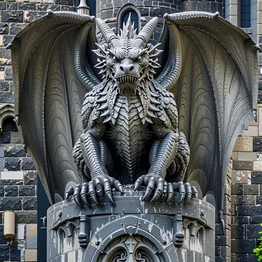A detailed, close-up shot of a large, intricately sculpted dragon statue. The dragon is positioned on a stone pedestal and appears to be in a seated or crouching position, with its wings spread out. The statue is made of a dark gray material, possibly stone or metal, and features highly detailed scales, sharp teeth, and piercing eyes. The dragon's head is turned slightly to the left, giving a sense of dynamic movement and intensity. The background shows part of a dark gray brick building with architectural details, suggesting the statue is located outdoors. The lighting highlights the texture and depth of the sculpture, creating a dramatic and captivating image.