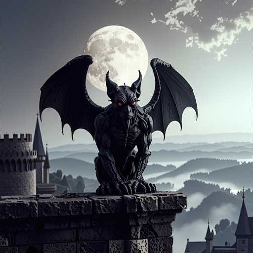 The image depicts a highly detailed, computer-generated scene of a dark, menacing gargoyle perched atop a stone tower of a medieval castle. The gargoyle, with its muscular, black body, features large bat-like wings, sharp claws, and a face adorned with horns and glowing red eyes. It sits crouched, ready to pounce, its wings spread wide. The castle, constructed from gray stone, is surrounded by rolling hills and a dense forest, with a misty fog enveloping the landscape. The night sky is a deep gray, dominated by a large, full moon that casts an eerie glow over the scene. The overall atmosphere is dark and foreboding, with the gargoyle appearing to guard the castle against any approaching threats.