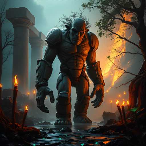 The image depicts a large, stone-like figure standing on a rocky surface with its arms outstretched and legs spread apart. The figure is surrounded by an array of candles that cast a warm glow in the background, creating a sense of mystery and intrigue. In the distance, there are trees and buildings visible, suggesting that this scene takes place in a forest or a village.
