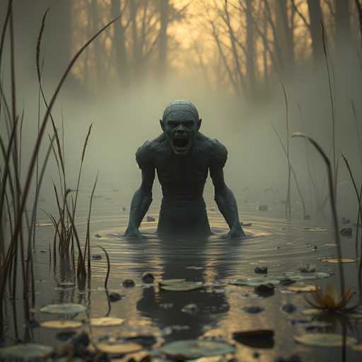 The image depicts a computer-generated, eerie swamp scene at sunset. A menacing, humanoid monster with a bald head, pointed ears, and a wide-open mouth filled with sharp teeth stands waist-deep in the murky water. The creature's muscular arms are outstretched, and its body is covered in scales, giving it a reptilian appearance. Surrounding the monster are lily pads and tall grasses emerging from the swamp, with a misty fog adding to the ominous atmosphere. In the background, a dense forest of leafless trees stretches into the distance, their silhouettes backlit by the setting sun, which casts a yellowish-orange glow across the scene. The overall color palette is dominated by dark greens, grays, and blacks, enhancing the foreboding mood of the image.