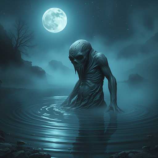 The image depicts a haunting scene of a humanoid creature emerging from a body of water, shrouded in fog. The creature, with its emaciated frame and skeletal features, has a skull-like head adorned with a mask-like face that extends down to its chest. Its long, bony fingers are partially submerged in the water, which ripples around its waist. The creature's skin is a dark gray, and it appears to be emerging from the water up to its chest. The background features a starry night sky with a full moon casting a bluish glow over the scene. To the left, a bare tree stands on a rocky outcrop, adding to the eerie atmosphere. The overall color palette is dominated by shades of blue, gray, and black, enhancing the ghostly and mysterious ambiance of the image.