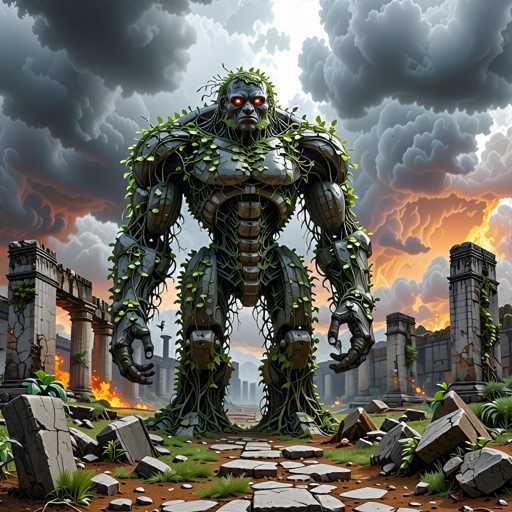 The image depicts a highly detailed, computer-generated scene of a colossal robot standing amidst the ruins of an ancient city. The robot, constructed from dark gray metal, features a humanoid form with a broad chest, large arms, and legs. Its body is intricately adorned with vines and leaves, giving it a partially organic appearance. The robot's glowing red eyes and the greenery sprouting from its head and body create a striking contrast against its metallic frame. Surrounding the robot are broken stone pillars and scattered rocks, remnants of the once-majestic buildings now reduced to rubble. The sky above is filled with dark, ominous clouds, adding to the apocalyptic atmosphere. In the background, a distant fire rages, further emphasizing the scene's desolation. The robot stands on a dirt path lined with broken stone tiles, its massive form dominating the foreground and symbolizing a fusion of nature and technology in a post-apocalyptic world.