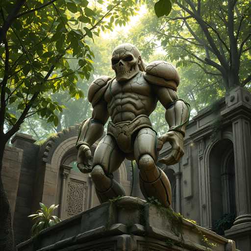 The image depicts a highly detailed, computer-generated scene of a skeleton-like figure standing on a moss-covered stone pedestal in a forested area. The skeleton, which appears to be encased in a metallic suit of armor, has a skull with hollow eye sockets and a nose cavity, giving it a menacing appearance. The figure's muscular physique is accentuated by the armor, which includes large shoulder pads and a chest plate. The skeleton's hands are positioned in front of its body, with the right hand slightly raised and the left hand lower. The pedestal it stands on is surrounded by lush greenery, including a tree to the left and a large tree with a thick trunk to the right. In the background, there are stone structures resembling mausoleums or ancient buildings, adding to the eerie atmosphere of the scene. The overall color palette of the image is dominated by shades of green, gray, and brown, enhancing the somber and mysterious mood.