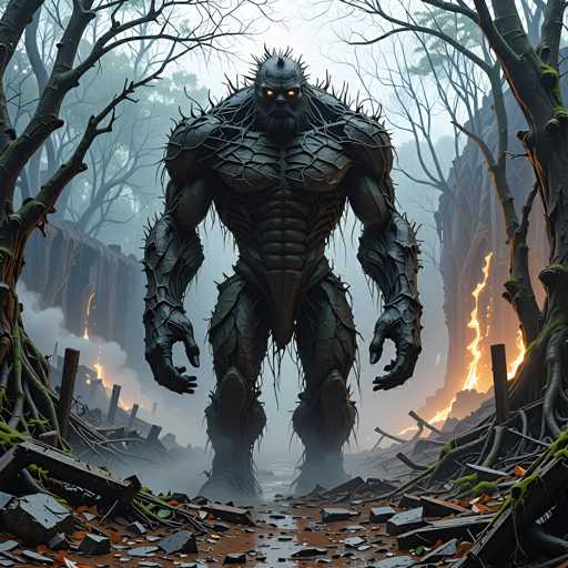 A colossal, monstrous figure stands in the center of a desolate, overgrown forest. The creature is humanoid in form but appears to be made of twisted, dark organic material – possibly bone or hardened roots. Its body is covered in sharp, thorny protrusions and has glowing, eerie eyes that pierce through the gloom. The figure's limbs are thick and powerful, ending in claw-like hands. 

The forest itself is a scene of decay and ruin. Twisted, gnarled trees stand skeletal in the dim light, their roots snaking across a muddy ground littered with broken branches and debris. A thick fog hangs in the air, partially obscuring the background and adding to the sense of mystery and foreboding. 

The creature's posture is imposing, with its arms outstretched as if it is about to advance. The overall atmosphere is one of dread and isolation, suggesting a place where something ancient and malevolent resides. The lighting is dim and atmospheric, with hints of glowing embers in the distance adding to the eerie ambiance.