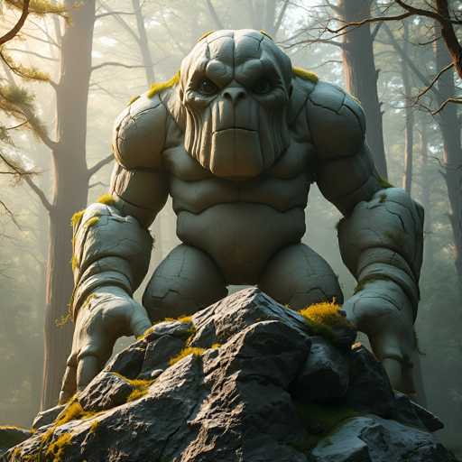 The image depicts a highly detailed, computer-generated scene of a massive, gorilla-like creature standing in a dense forest. The creature, which appears to be made of stone or clay, has a grayish-brown coloration and features a face with a pronounced frown, large eyes, and a pronounced nose. Its muscular arms are extended downward, with hands that seem to be gripping a large rock or pile of dirt in front of it. The creature's body is notably short and wide, with a broad chest and thick legs. Surrounding the creature are tall trees with sparse branches, and the ground is covered in green moss, adding to the forest's lush atmosphere. The overall scene is shrouded in a misty fog, enhancing the mysterious and imposing presence of the creature.