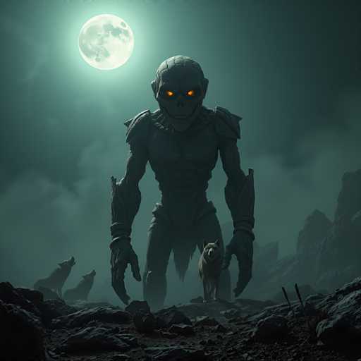 A dark, eerie scene unfolds under a full moon. A towering, skeletal creature with glowing orange eyes stands in the center of a desolate landscape. The creature is clad in dark armor and has a skull-like head, its body appearing to be made of bone. Two wolf-like creatures stand at its feet, their eyes also glowing with a faint orange light. The background is shrouded in mist and dark clouds, adding to the overall sense of mystery and foreboding. The ground is uneven, covered in dark rocks and debris, with a few skeletal remains scattered around. The overall color palette is muted, dominated by dark blues and grays, with the bright orange glow of the creature's eyes providing a stark contrast. The scene is dimly lit, with the full moon casting an eerie glow on the landscape and the creature.