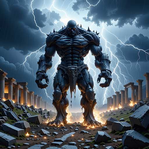 The image depicts a highly detailed, computer-generated scene of a monstrous, humanoid figure standing amidst the ruins of an ancient city. The creature, which appears to be made of stone or metal, has a muscular build with a bald head and glowing red eyes. Its body is adorned with spikes protruding from its shoulders, elbows, and wrists, and it wears a loincloth-like garment. The figure stands on a dirt path flanked by large, scattered rocks and remnants of broken columns, some of which are illuminated by fire. The sky above is dark and stormy, filled with ominous clouds from which lightning bolts streak down, creating a dramatic backdrop. The overall atmosphere is one of desolation and ancient destruction, with the monstrous figure looming ominously over the scene.