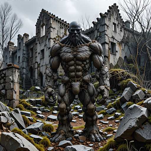 The image depicts a large, muscular statue of a man with a beard and mustache standing on a rocky hillside. The statue is made from stone and appears to be carved into the rocks themselves. In the background, there are ruins that add an element of mystery to the scene.