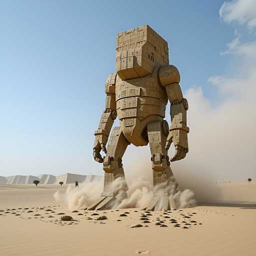A highly detailed, computer-generated image depicts a colossal robot standing in the middle of a vast desert. The robot, constructed from what appears to be sandstone or a similar material, has a distinct boxy head with a protruding jaw and a small slit for a mouth. Its body is adorned with various panels and intricate designs, giving it a mechanical yet artistic appearance. The robot's arms are long and segmented, ending in hands with four fingers each. Its legs are also long and segmented, with the feet appearing to be made of stone. The robot is surrounded by swirling sand, emphasizing its immense size as it towers over the distant dunes. The background features a clear blue sky with a few clouds, and the desert landscape is dotted with small trees and bushes, adding depth to the scene.