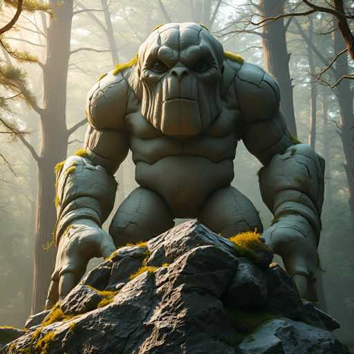 The image depicts a stone statue of a monster standing on a rock formation within a forest setting. The statue is made from gray stone and features a large head with sharp teeth and a menacing expression. The background consists of trees and foliage, creating a sense of depth and scale to the scene.