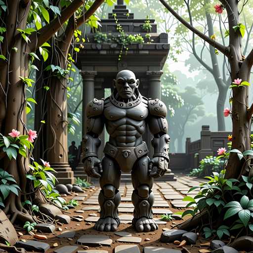 The image depicts a highly detailed, computer-generated scene featuring a muscular, humanoid robot with a distinctly masculine appearance. The robot, which has a bald head and a stern expression, is clad in a metallic suit that includes a chest plate, shoulder armor, and a belt. Its feet are bare, revealing toes, and its hands are encased in gloves. The robot stands on a stone pathway, surrounded by lush greenery, including trees and bushes adorned with pink flowers. In the background, there is a stone structure resembling a temple or shrine, with columns and a roof that appears to be made of slate. The scene is set in a forested area, with additional trees and a stone wall visible in the distance. The overall atmosphere is serene yet imposing, with the robot as the central focus amidst the natural and architectural elements.