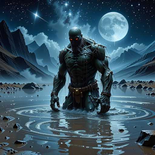 The image depicts a highly detailed, computer-generated scene of a muscular, humanoid alien standing knee-deep in a body of water. The alien, with a bald head and glowing orange eyes, is clad in a dark green suit that appears to be made of leather or metal, complete with a belt and a loincloth. Its body is covered in intricate details, including veins and possibly tentacles or wires extending from its neck. The water around the alien features concentric ripples, suggesting recent movement. The backdrop is a dark, starry night sky with a large, full moon positioned to the right of the alien's head. Surrounding the scene are jagged, rocky mountains, with some clouds partially obscuring the moon. The overall atmosphere is eerie and otherworldly, with the alien gazing downward into the water.