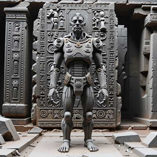 A colossal, ancient-looking robot stands before a massive, intricately carved stone structure. The robot is metallic and humanoid, with detailed armor and glowing eyes. The background features crumbling stone blocks and hieroglyphic-covered walls, suggesting a ruined temple or ancient site. The overall style is a blend of futuristic and ancient Egyptian aesthetics, creating a visually striking and mysterious scene.