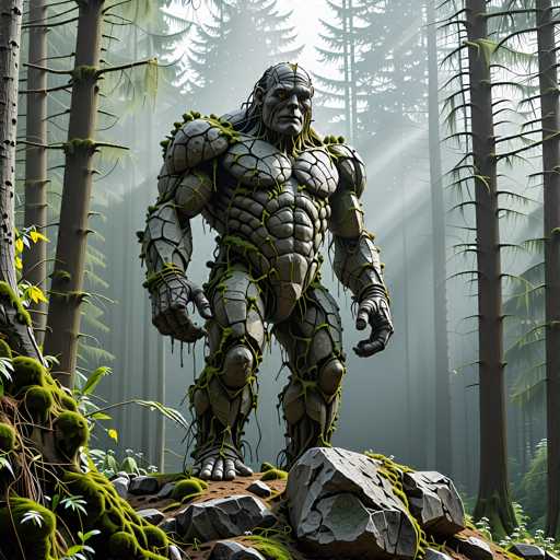The image depicts a highly detailed, computer-generated scene of a muscular, humanoid creature standing in a dense forest. The creature, which appears to be a blend of organic and mechanical elements, has a grayish-green, scaly body with prominent yellow eyes and a bald head. Its physique is incredibly muscular, with large shoulders, broad chest, and well-defined abs. The creature's skin is adorned with green moss and vines, giving it a partially plant-like appearance. It stands on a rocky outcrop, surrounded by tall trees with brown trunks and green leaves, some of which are covered in moss. The forest floor is scattered with rocks and patches of greenery. Sunlight filters through the trees, casting a warm glow on the scene, enhancing the ethereal and otherworldly atmosphere of the image.